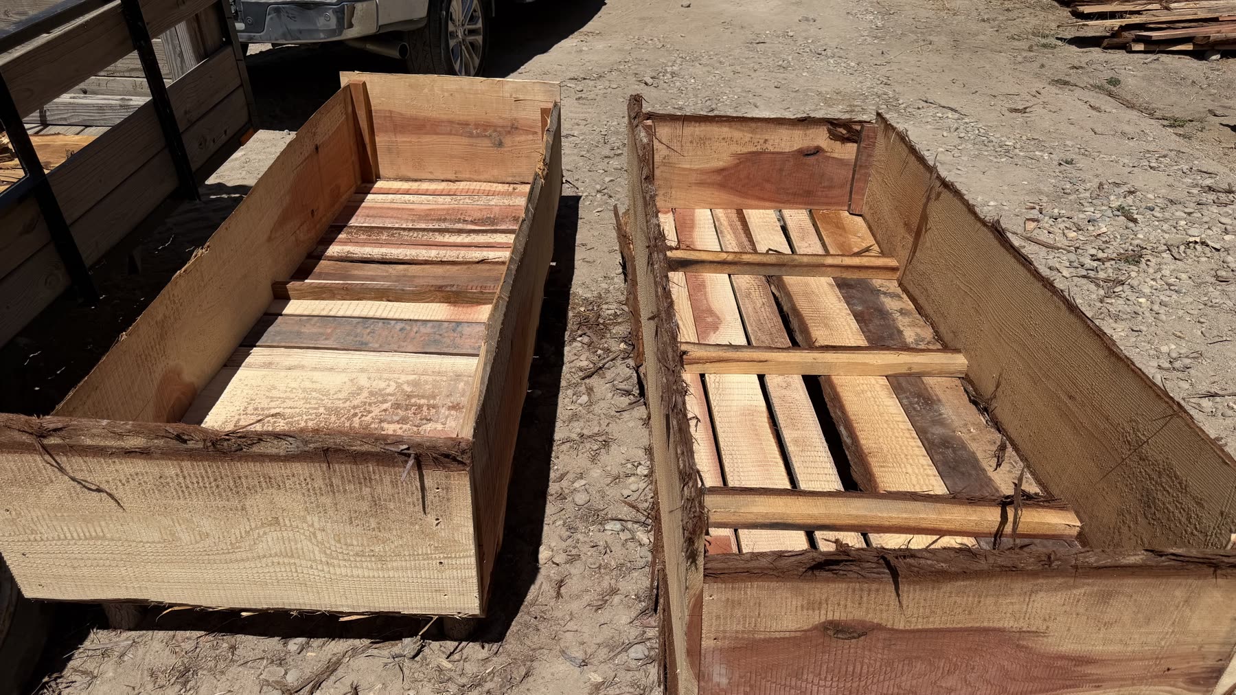 Interior of a redwood planter showing drainage support slats